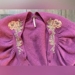 Free People Women’s Shrug/sweater embroidered lambs wool blend V neck